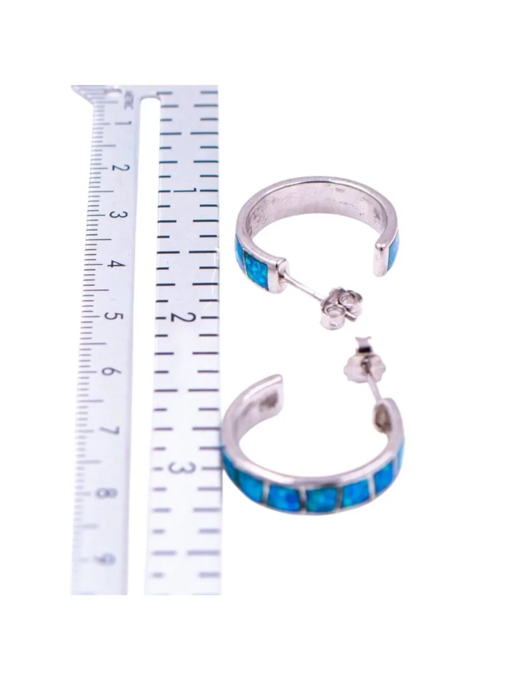 Sterling Silver Blue Opal Inlay Hoop Earrings Huggie Hoops October Birthstone